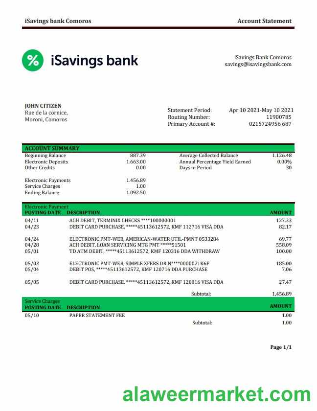 Comoros iSavings bank statement